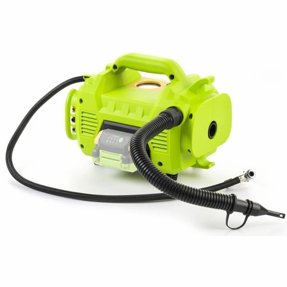 Compressore portatile verde a batteria con tubo nero e ugello, su sfondo bianco.