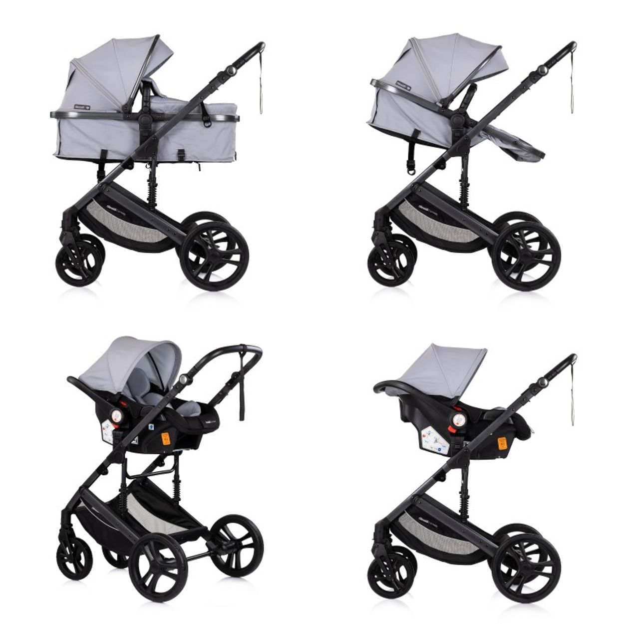 Grauer Kinderwagen mit Babywanne und Autositz in vier Konfigurationen.