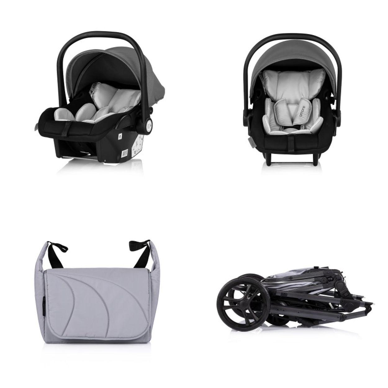 Ein Autositz, eine Tasche und ein zusammengeklappter Kinderwagen auf weißem Hintergrund.