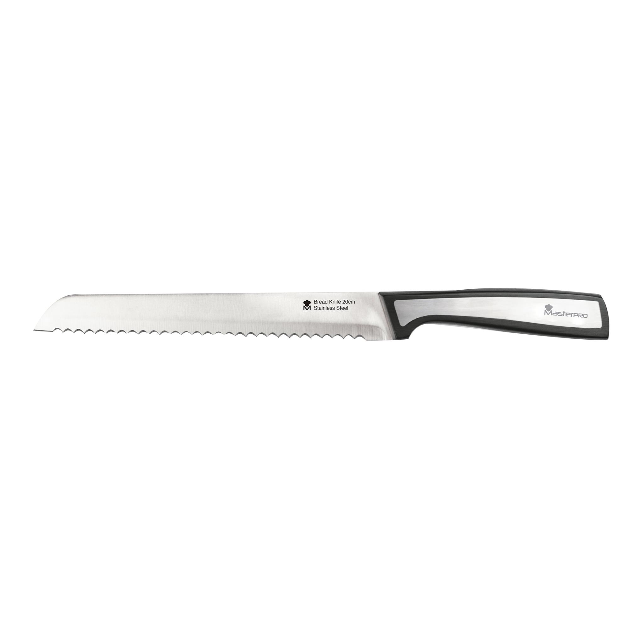 Un cuchillo para pan de acero inoxidable con hoja dentada y mango negro.