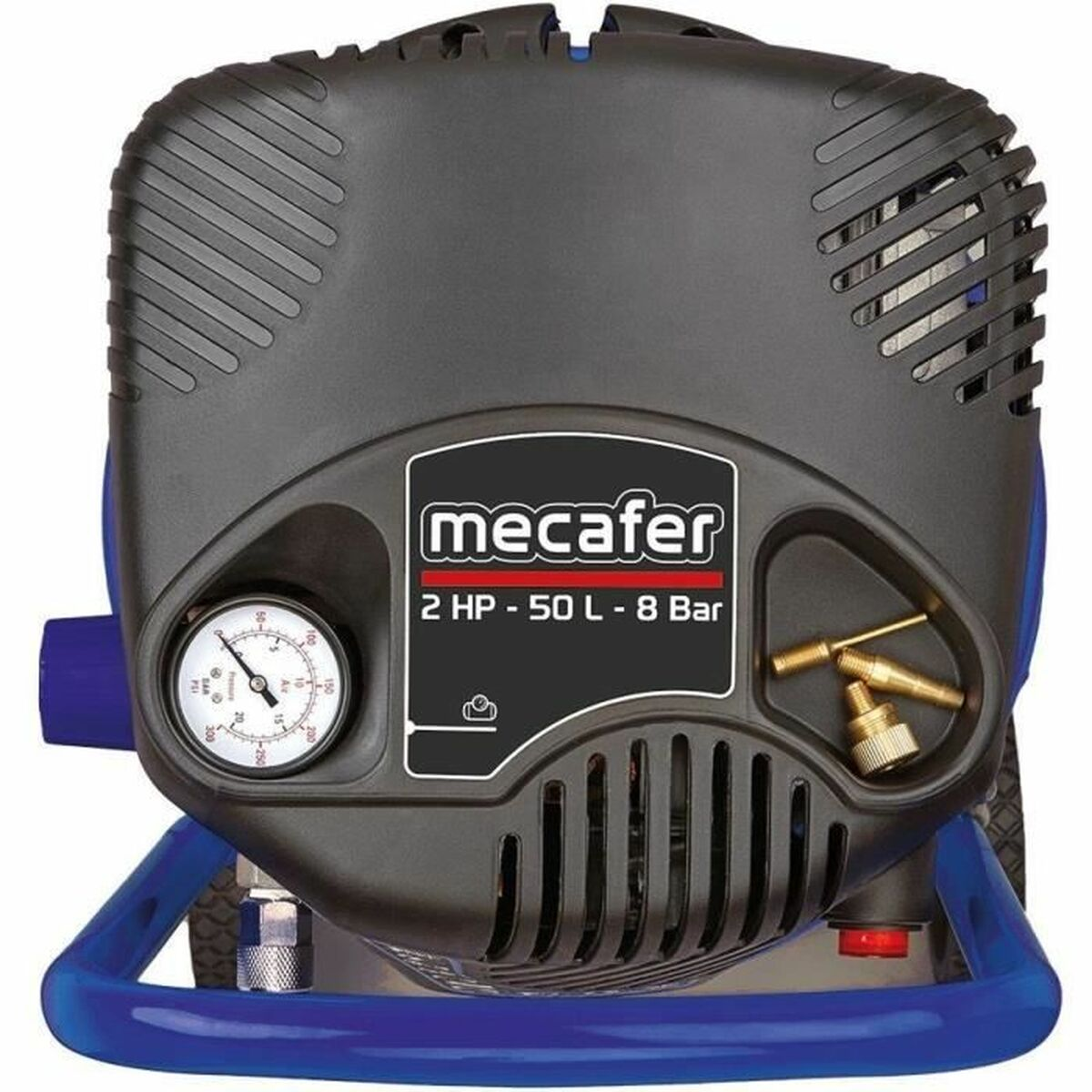 Ein blauer Kompressor mit schwarzem Gehäuse, Manometer und Messinganschluss.