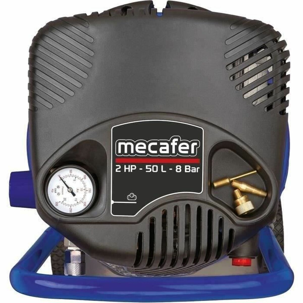 Ein Mecafér Kompressor mit schwarzem Gehäuse, blauem Rahmen und Manometer.