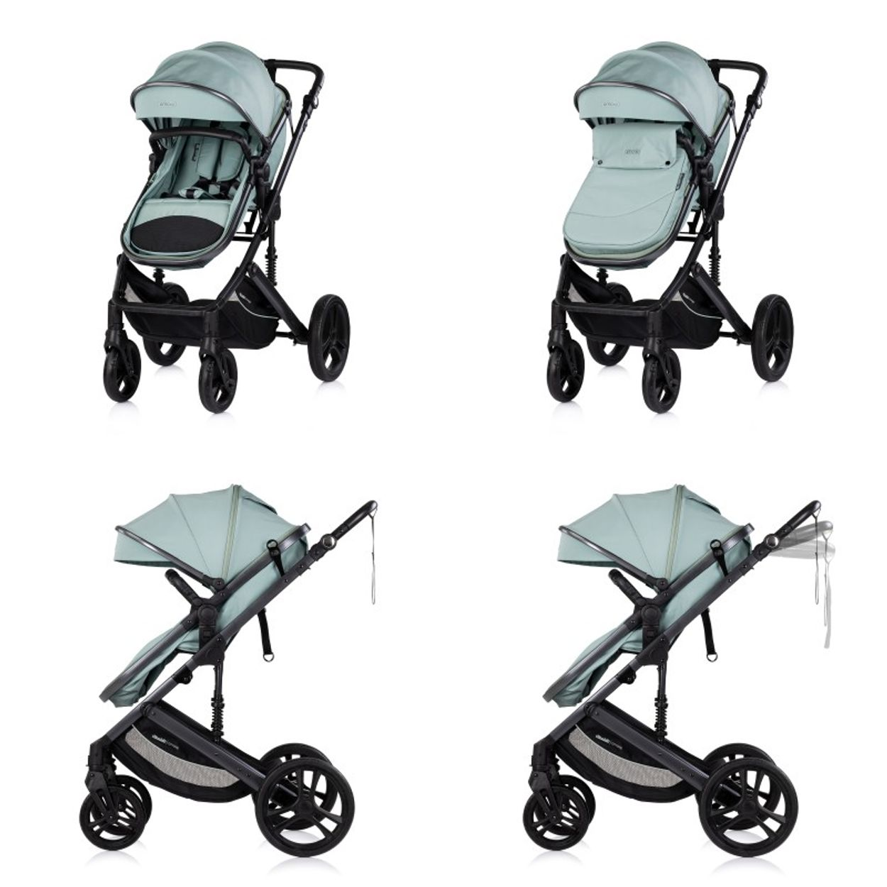 Ein mintgrüner Kinderwagen mit schwarzem Gestell und Rädern.