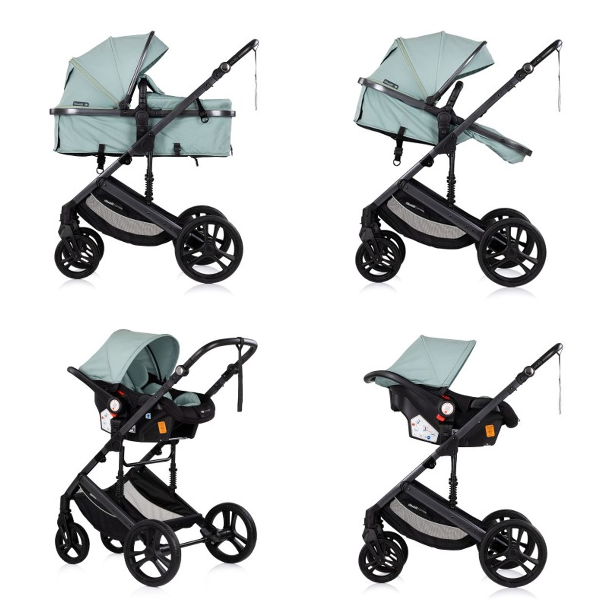 Vier Ansichten eines Kinderwagens in Mintgrün mit Babywanne und Autositz.
