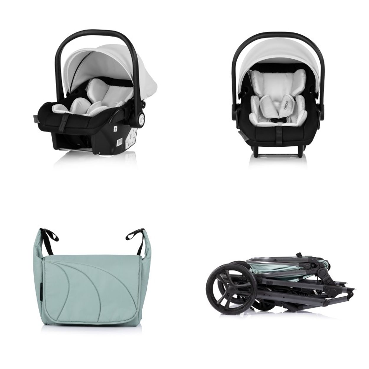 Vier Babyartikel: zwei Babyschalen, eine Wickeltasche und ein zusammengeklappter Kinderwagen.