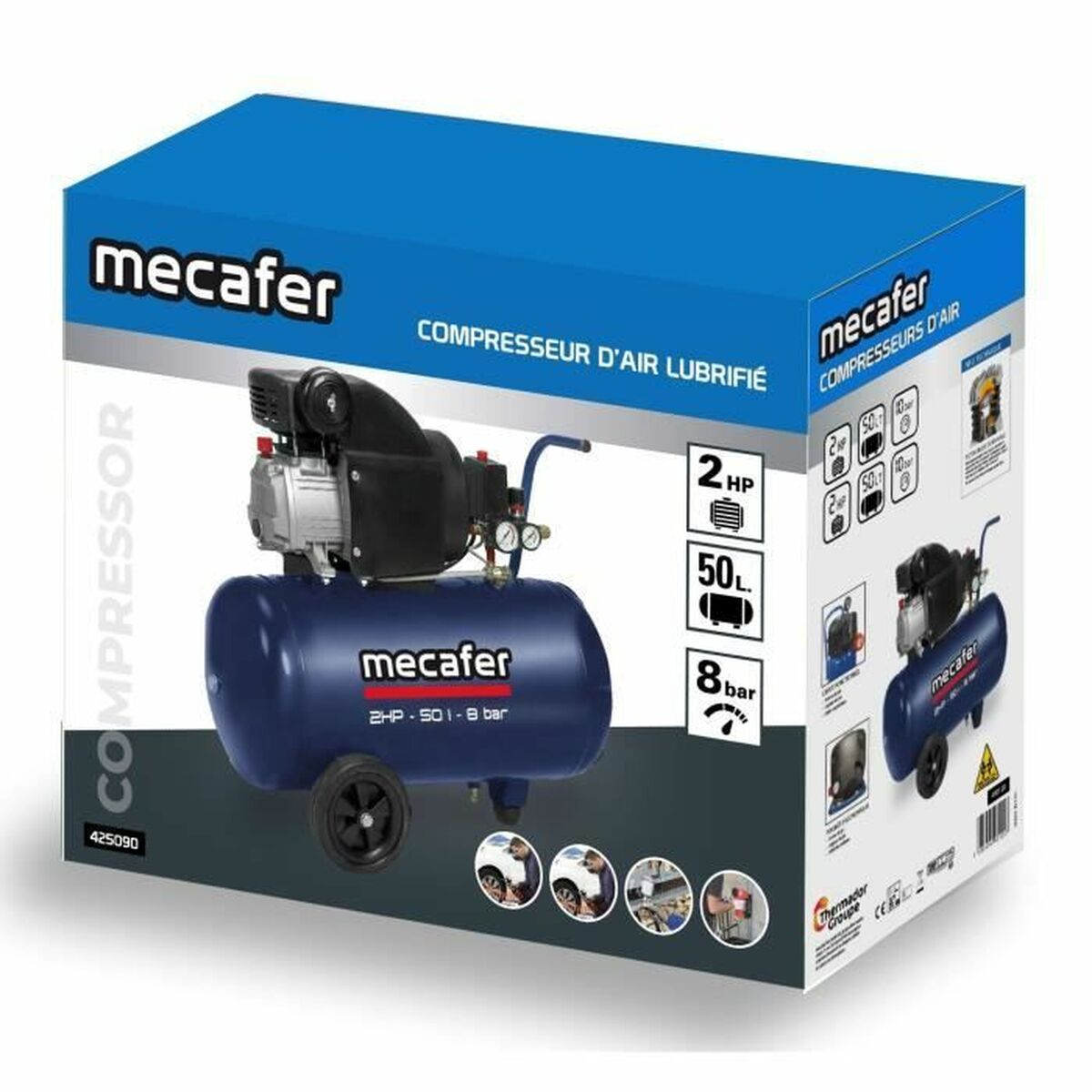 Blauer Mecafér-Kompressor mit 2 PS, 50 L Tank und 8 bar Druck.