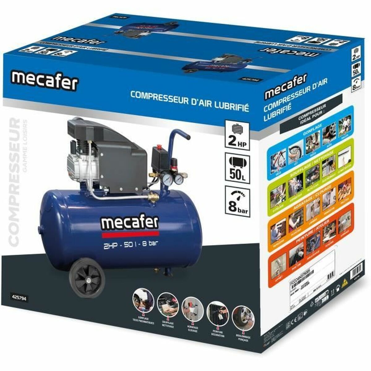 Blauer Mecafér 2-PS-Kompressor mit 50L Tank und 8 bar.