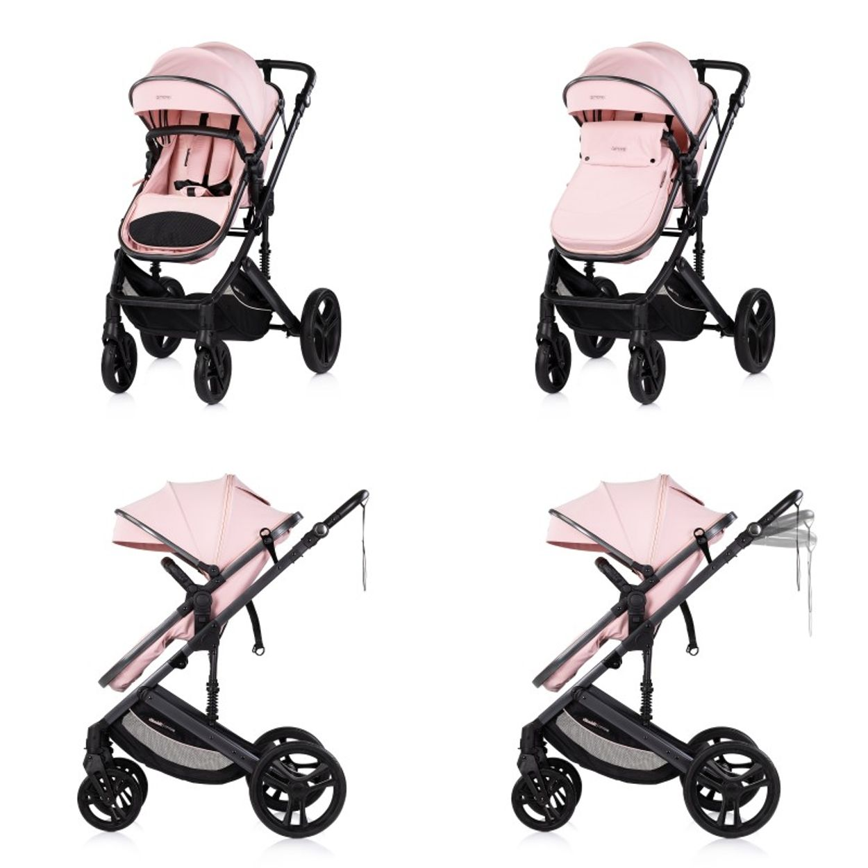 Vier Ansichten eines rosa Kinderwagens: vorne, mit Fußsack, seitlich und seitlich mit ausgefahrenem Griff.