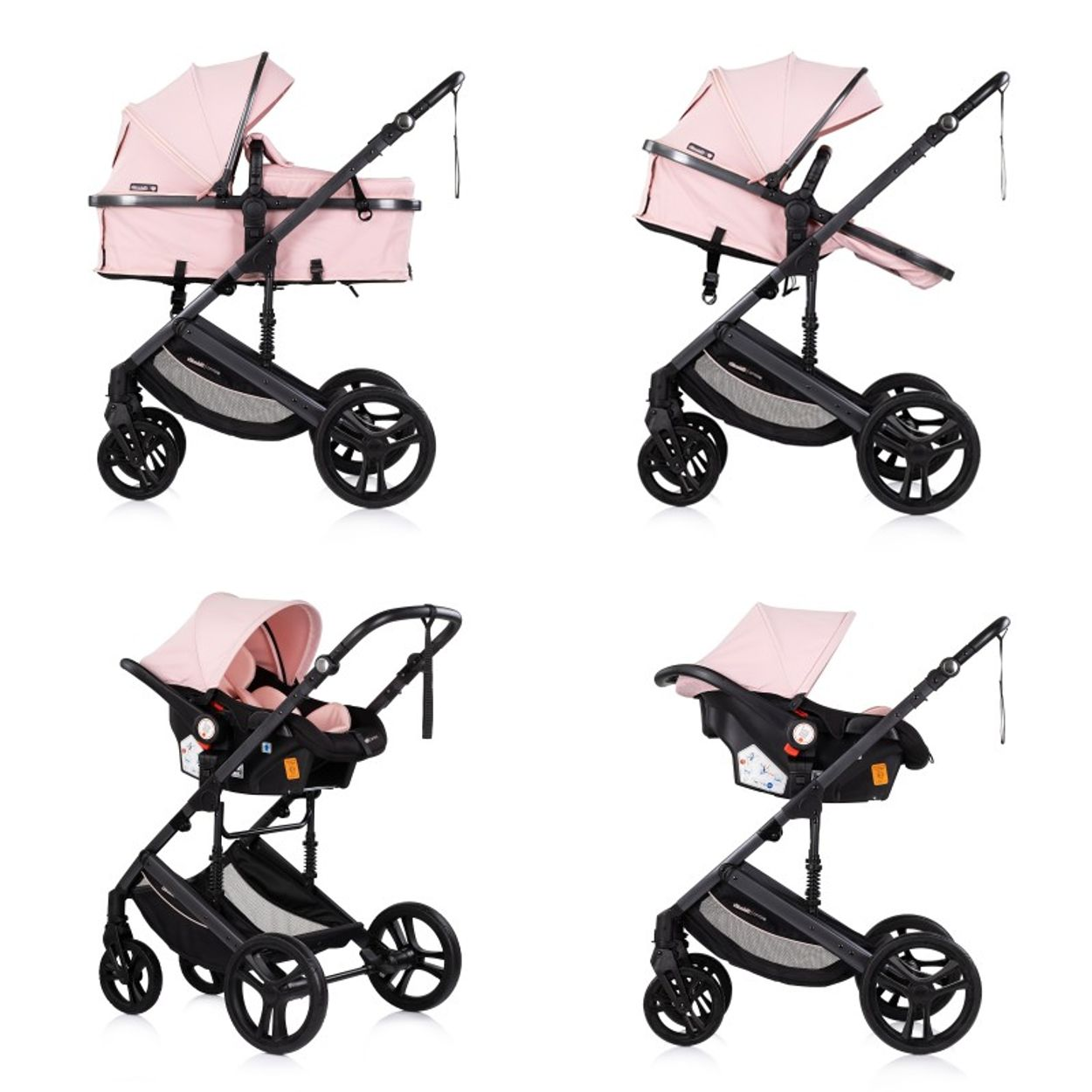 Ein rosa Kinderwagen mit Babywanne, Autositz und Zubehör auf weißem Hintergrund.
