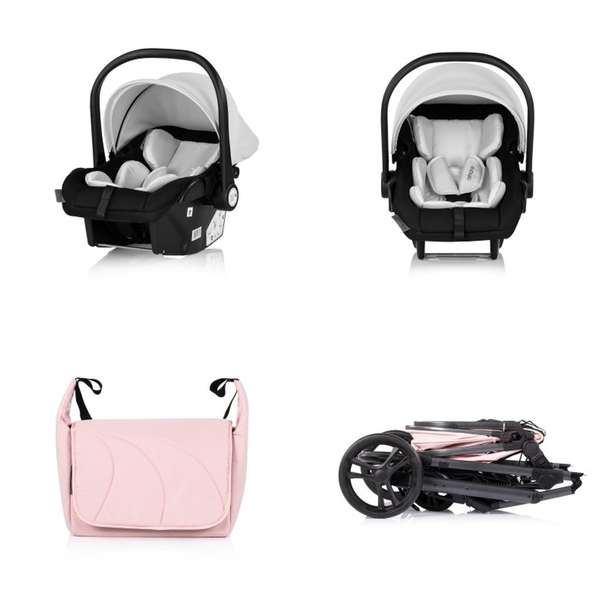 Babytrage und Kinderwagenzubehör auf weißem Hintergrund.
