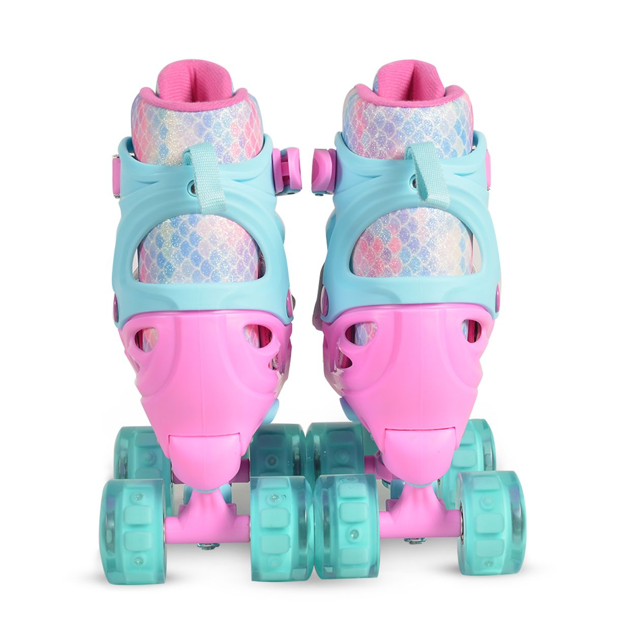 Zwei pinke Rollschuhe mit türkisfarbenen Akzenten und durchsichtigen Rollen.
