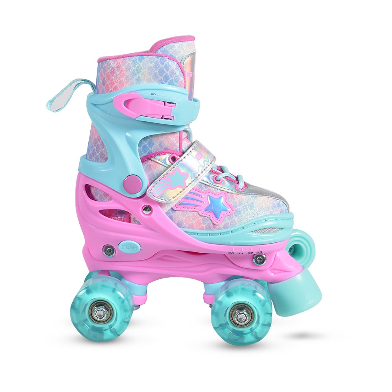 Ein pinker und blauer Rollschuh mit Meerjungfrauen-Schuppenmuster und Sternen.