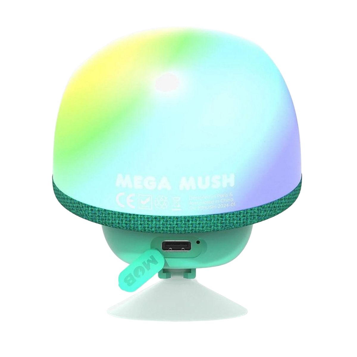 Lampada fungo verde con illuminazione RGB e porta di ricarica.