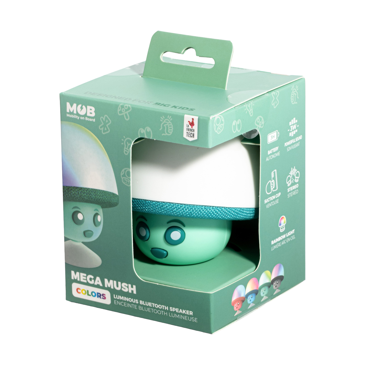 Confezione di un altoparlante Bluetooth a fungo verde con luce arcobaleno e design per bambini.