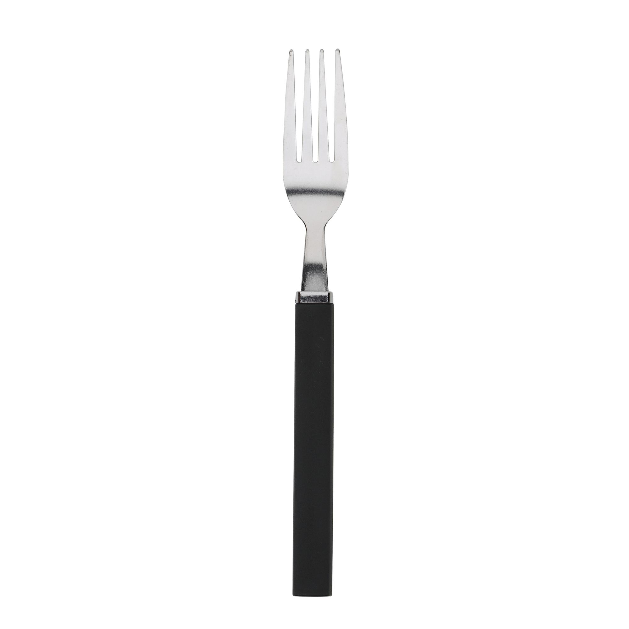 Un tenedor plateado con mango negro.