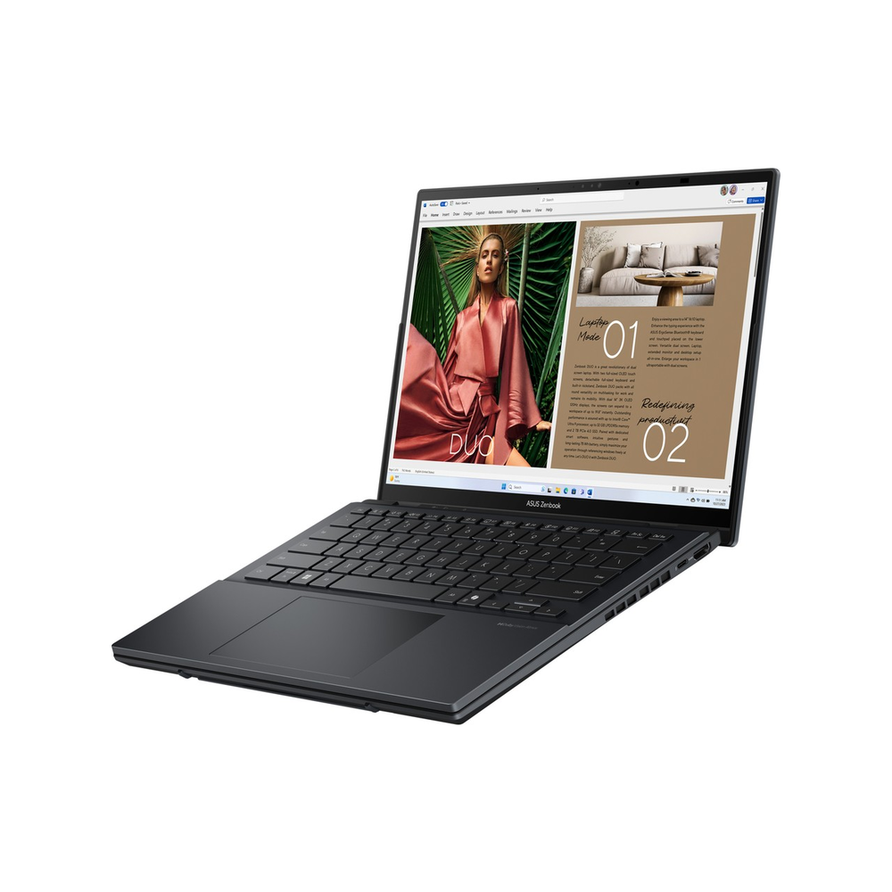 Beyaz arka plan üzerinde açık, çift ekranlı siyah bir Asus Zenbook dizüstü bilgisayar.