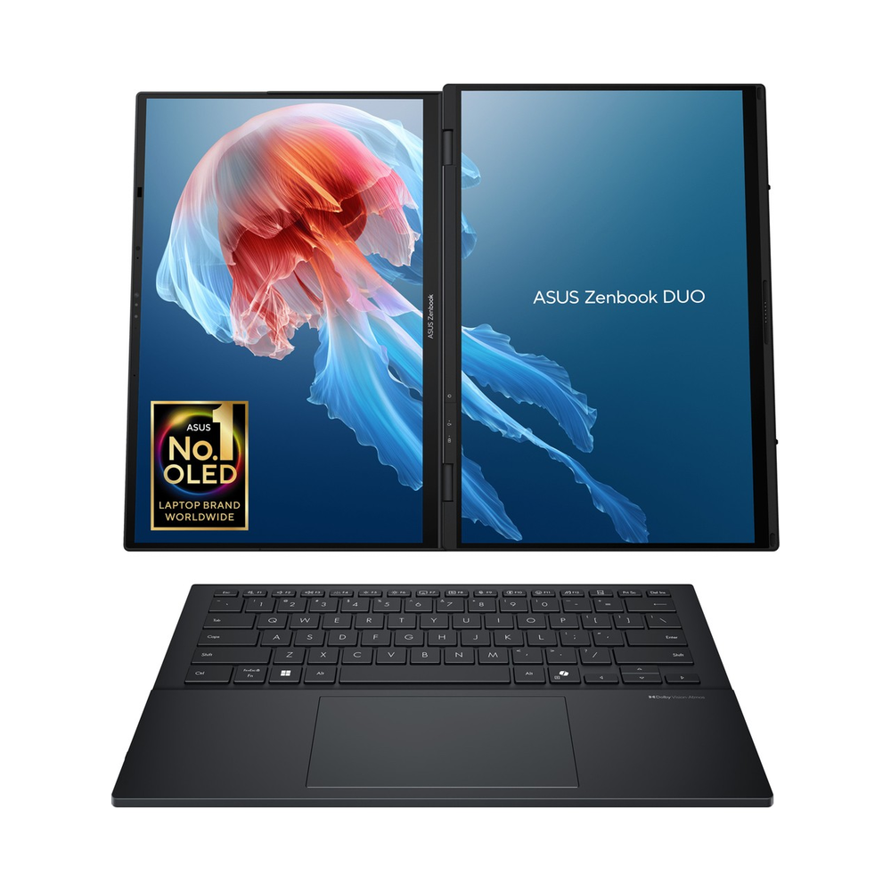Çift ekranlı ve klavyeli bir ASUS Zenbook DUO dizüstü bilgisayar.