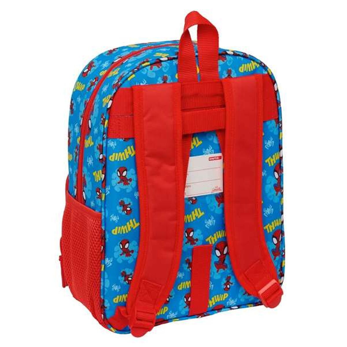 Ein blauer Rucksack mit Spiderman-Aufdruck und roten Trägern.