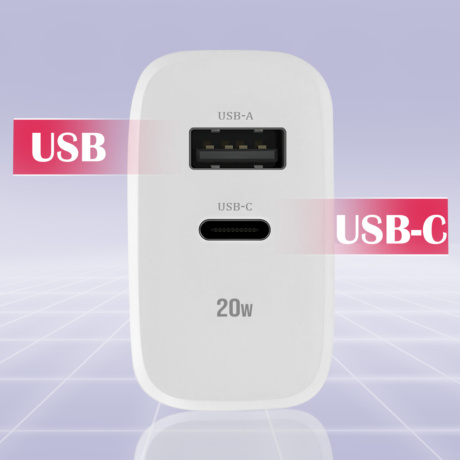 Un caricatore bianco con porte USB-A e USB-C, 20W.