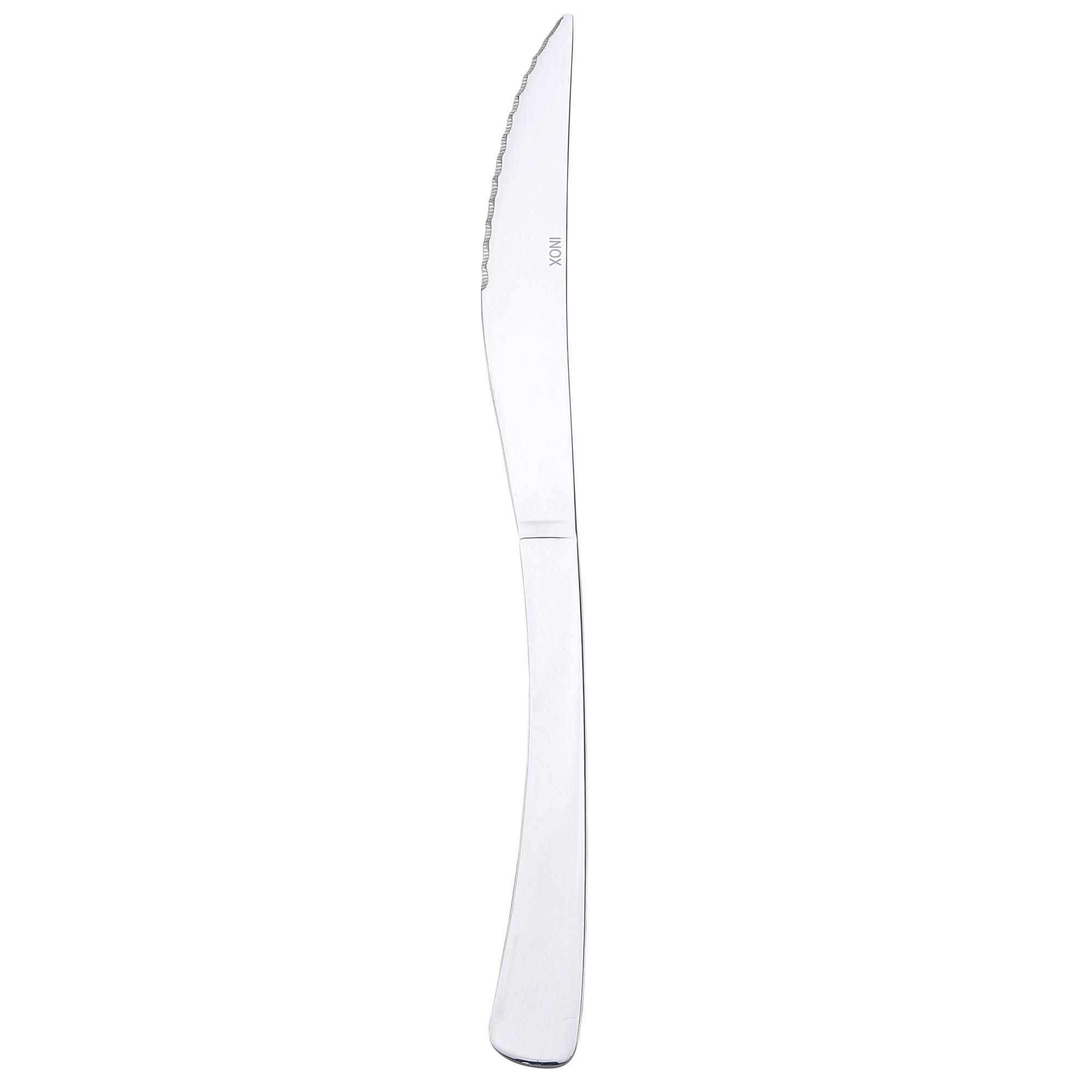 Un cuchillo plateado con hoja dentada y mango curvo.