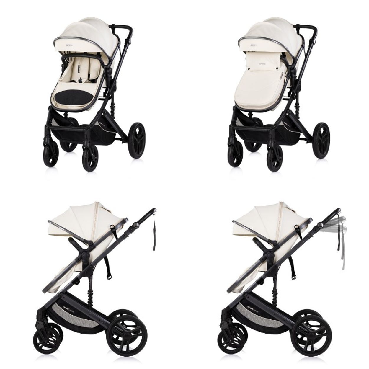 Vier Ansichten eines cremefarbenen Kinderwagens mit schwarzem Gestell und Rädern.