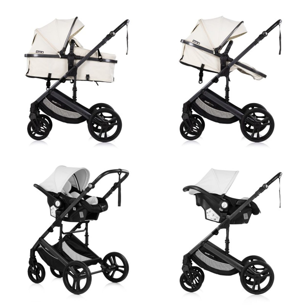 Vier Ansichten eines Kinderwagens in Creme und Schwarz mit Babywanne und Autositz.