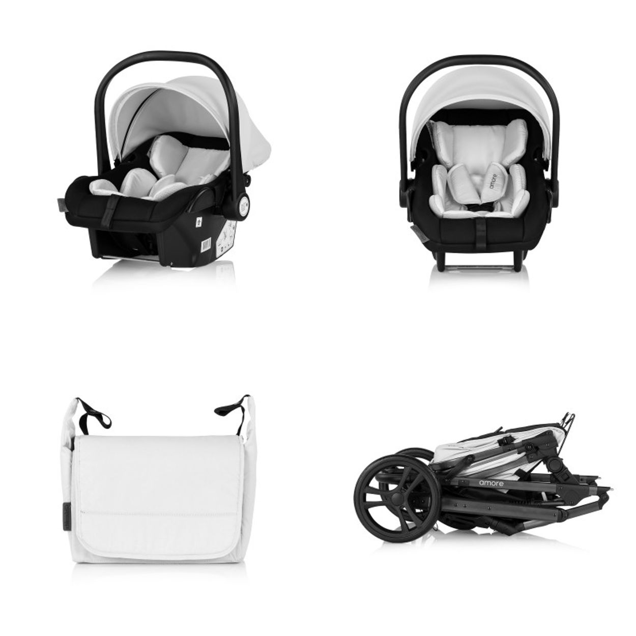 Babytrage in Schwarz und Weiß, Wickeltasche und zusammengeklappter Kinderwagen.