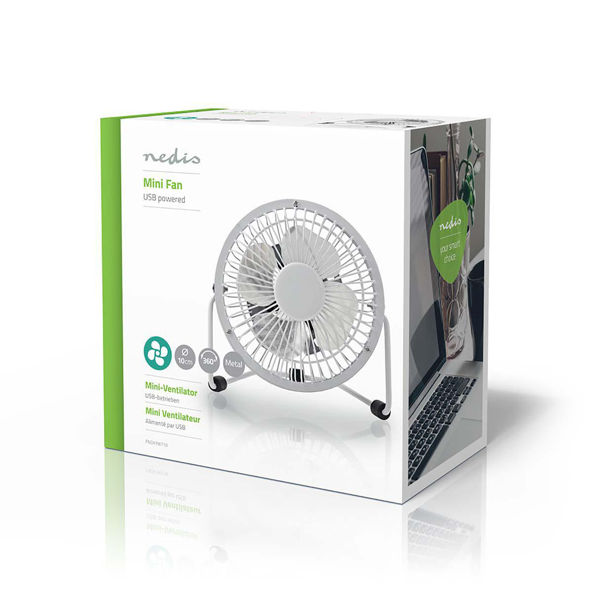 Ein weißer Nedis Mini-USB-Ventilator mit Metallgehäuse und 10cm Durchmesser.