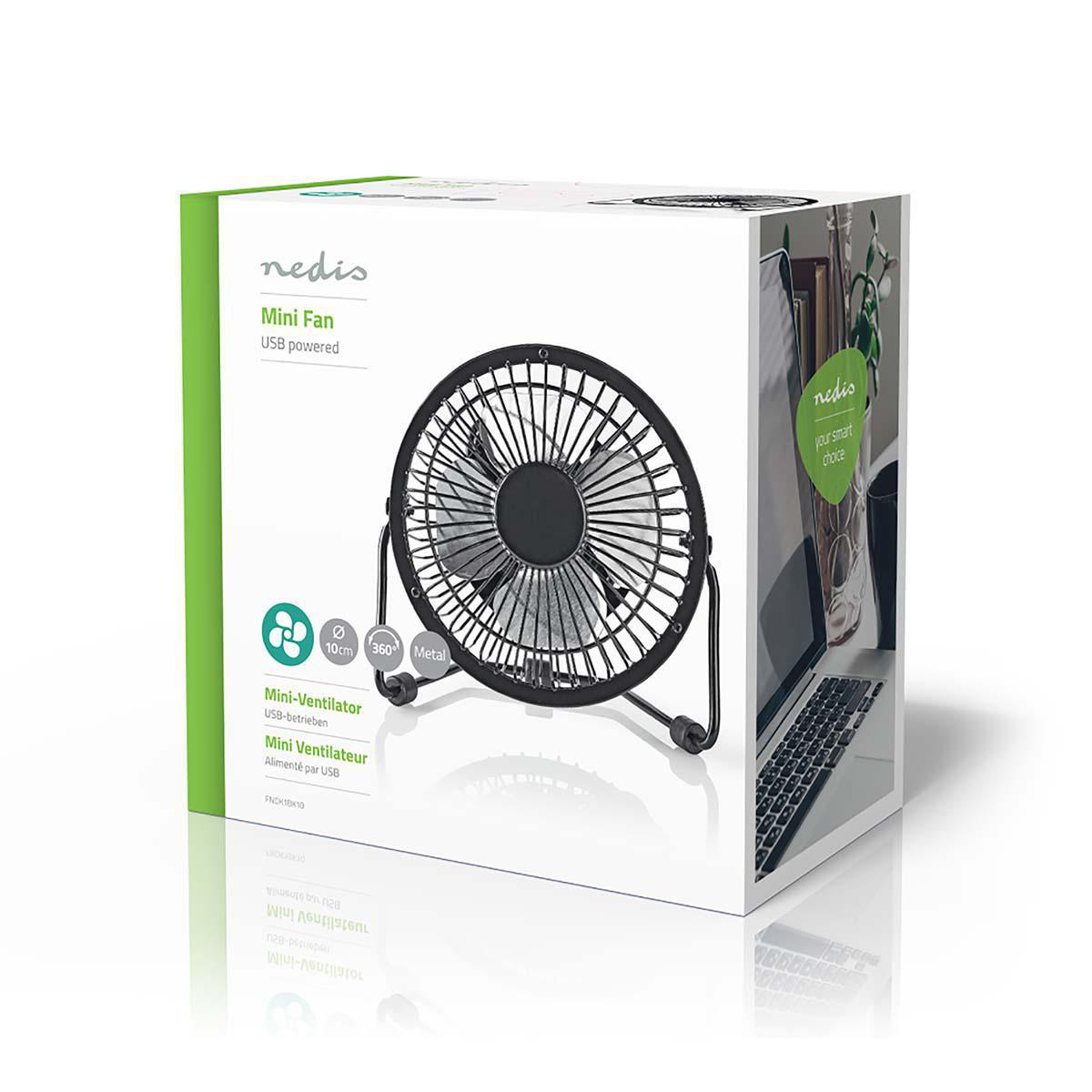 Ein kleiner schwarzer Metallventilator mit USB-Anschluss auf einem Ständer.