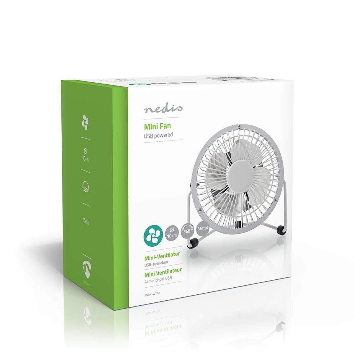 Verpackung eines Nedis Mini USB Ventilators mit Metallgitter und 10cm Durchmesser.