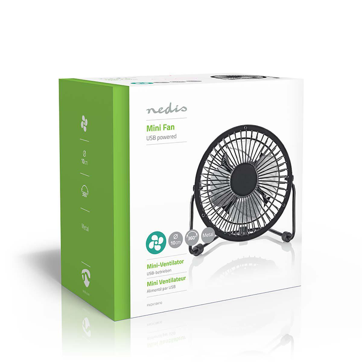 Kompakter schwarzer USB-Ventilator auf weißem Karton mit Nedis-Logo.