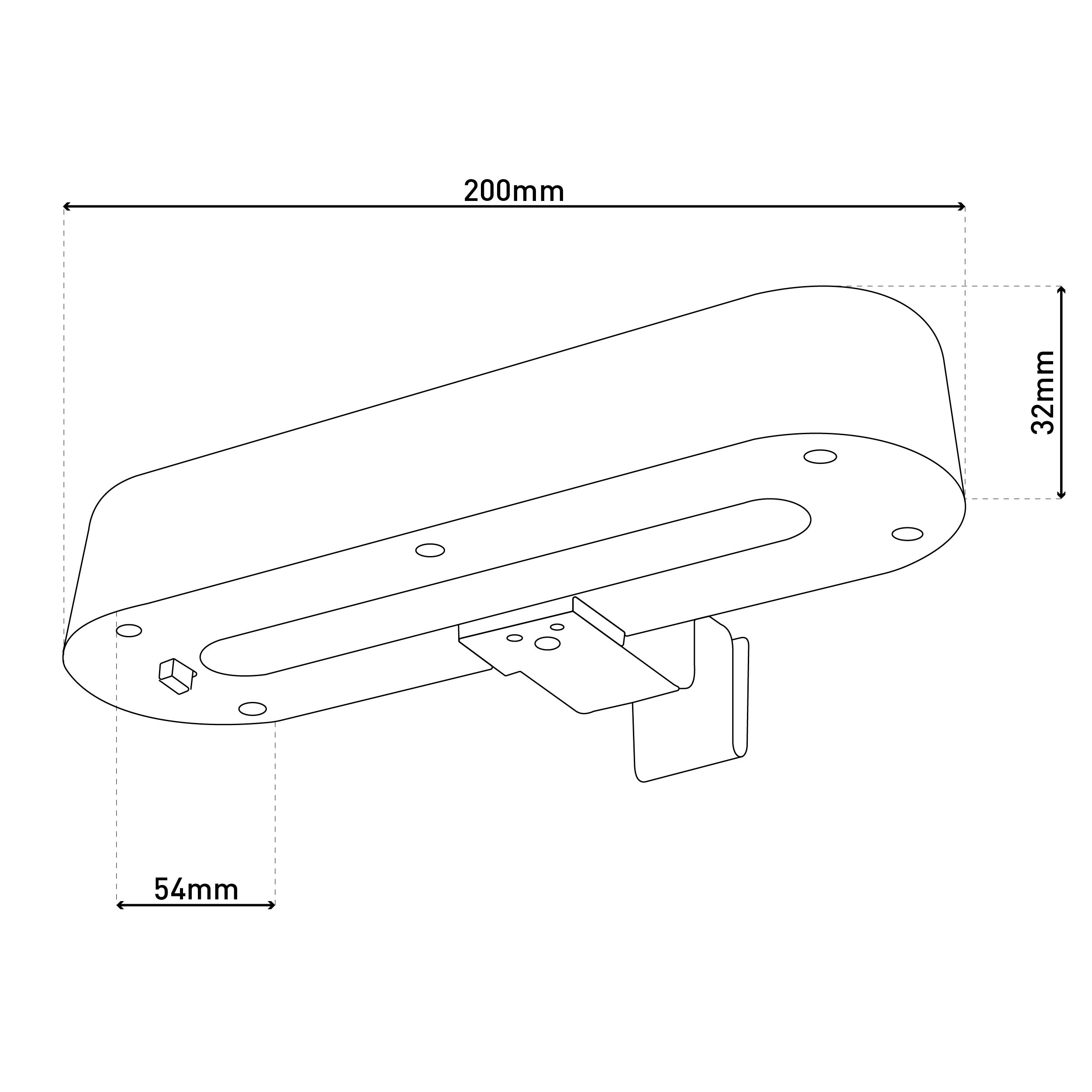 Technische Zeichnung eines Gehäuses mit Maßen 200mm, 54mm und 32mm.