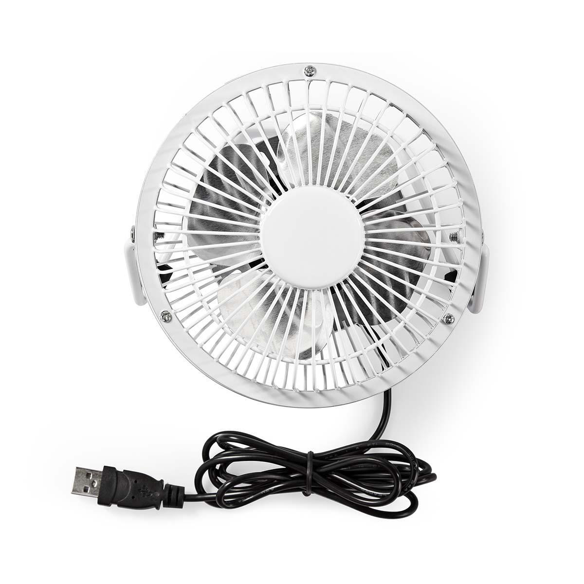Ein weißer USB-Ventilator mit Metallgitter und schwarzem Kabel.