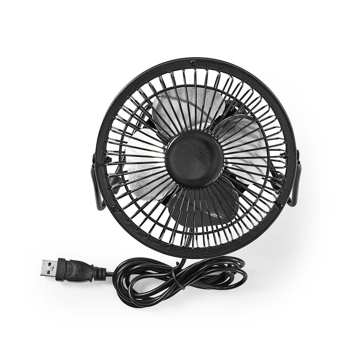 Ein schwarzer USB-Tischventilator mit schwarzem Spiralkabel und USB-Anschluss.