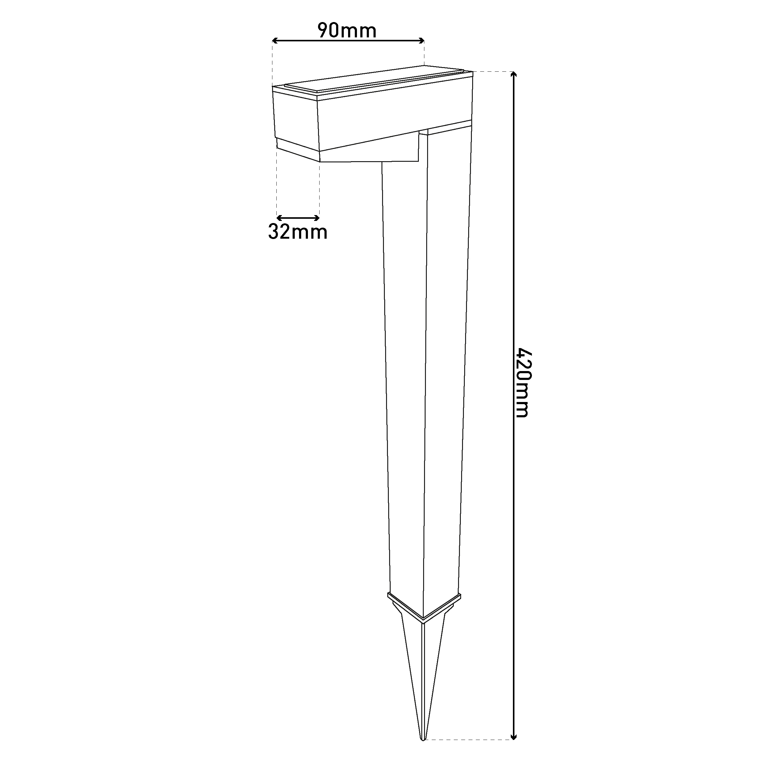 Technische Zeichnung eines Erdspießes mit Maßen 90mm, 32mm und 420mm.