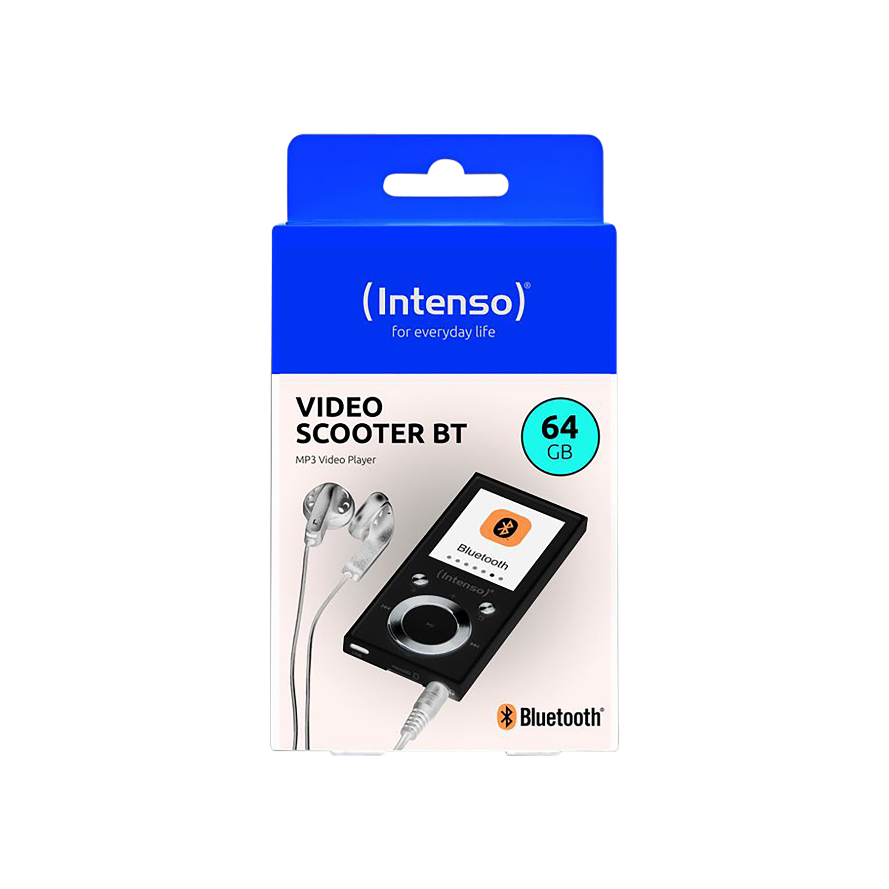 Verpackung für einen schwarzen MP3-Player von Intenso mit Kopfhörern und 64 GB.