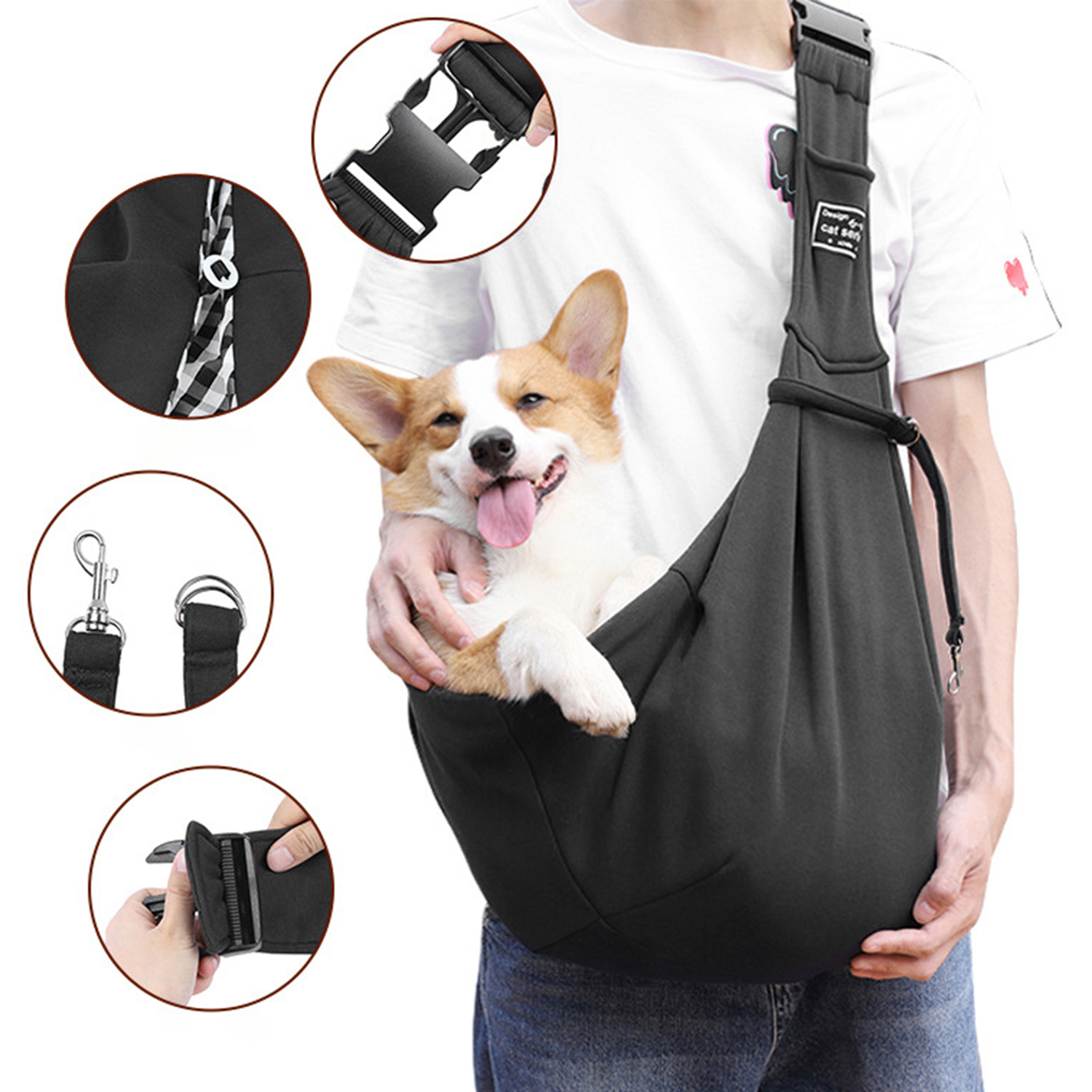 Osoba nosi szczęśliwego psa rasy Corgi w czarnej torbie-nosidełku.