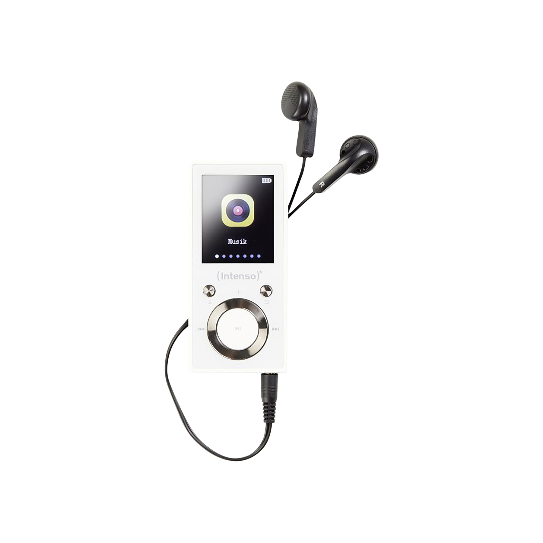 Weißer MP3-Player mit Kopfhörern, zeigt Musik-Symbol und Akku an.