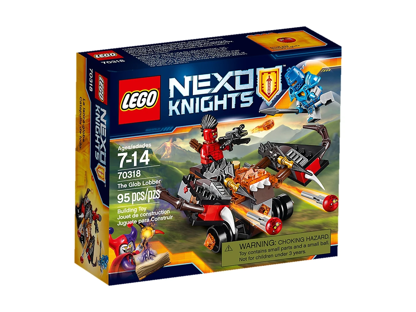 Opakowanie zabawki LEGO Nexo Knights Glob Lobber z figurkami i pojazdem.