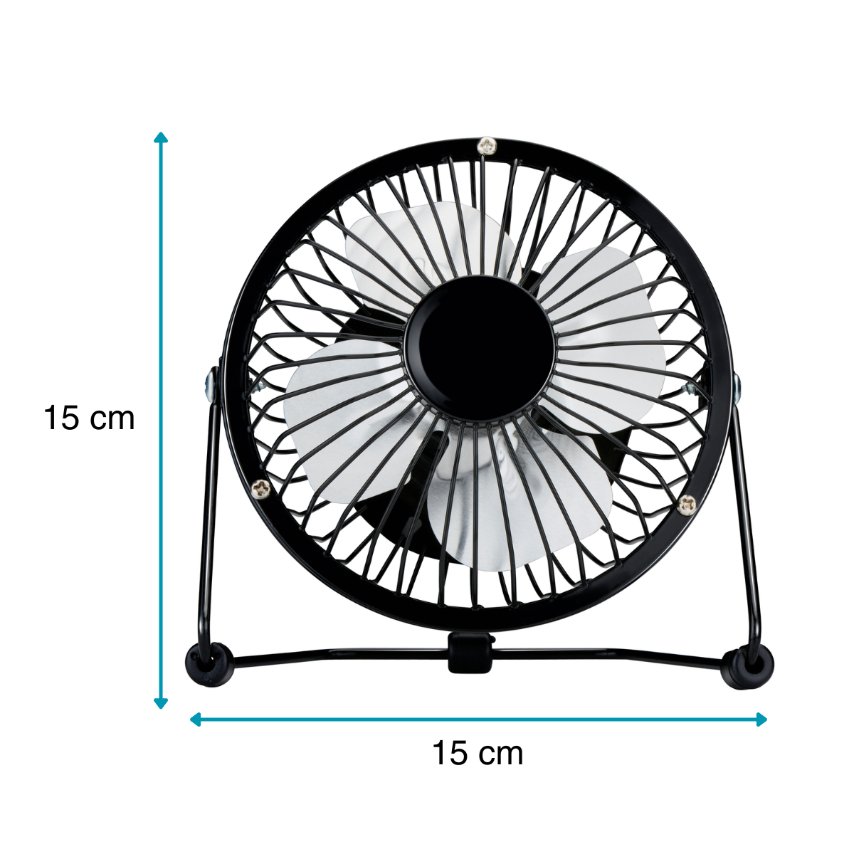Kleine zwarte ventilator met zilveren bladen en beschermrooster.