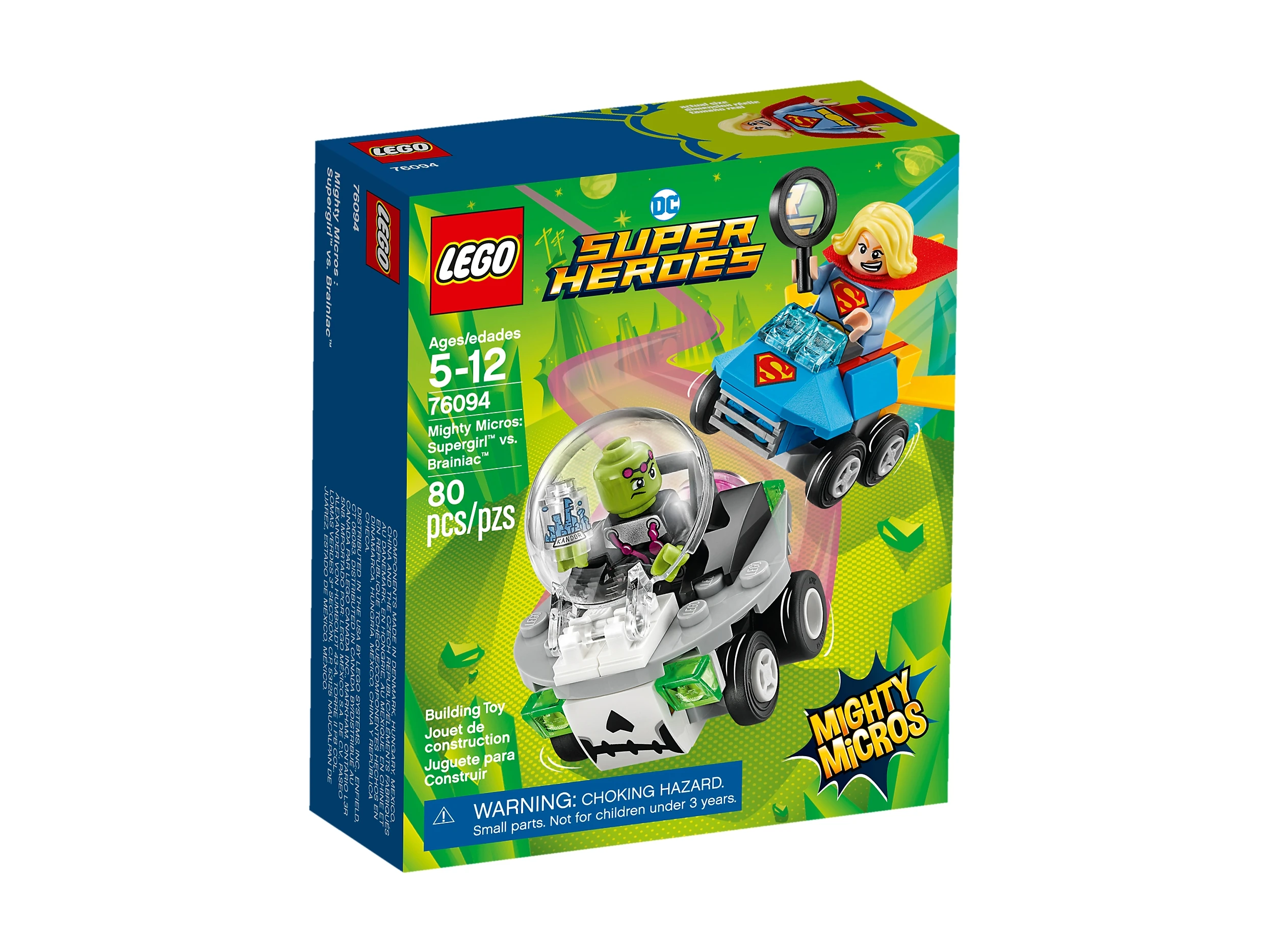 Pudełko z zabawkami LEGO Super Heroes: Mighty Micros Supergirl vs Brainiac z figurkami i pojazdami.