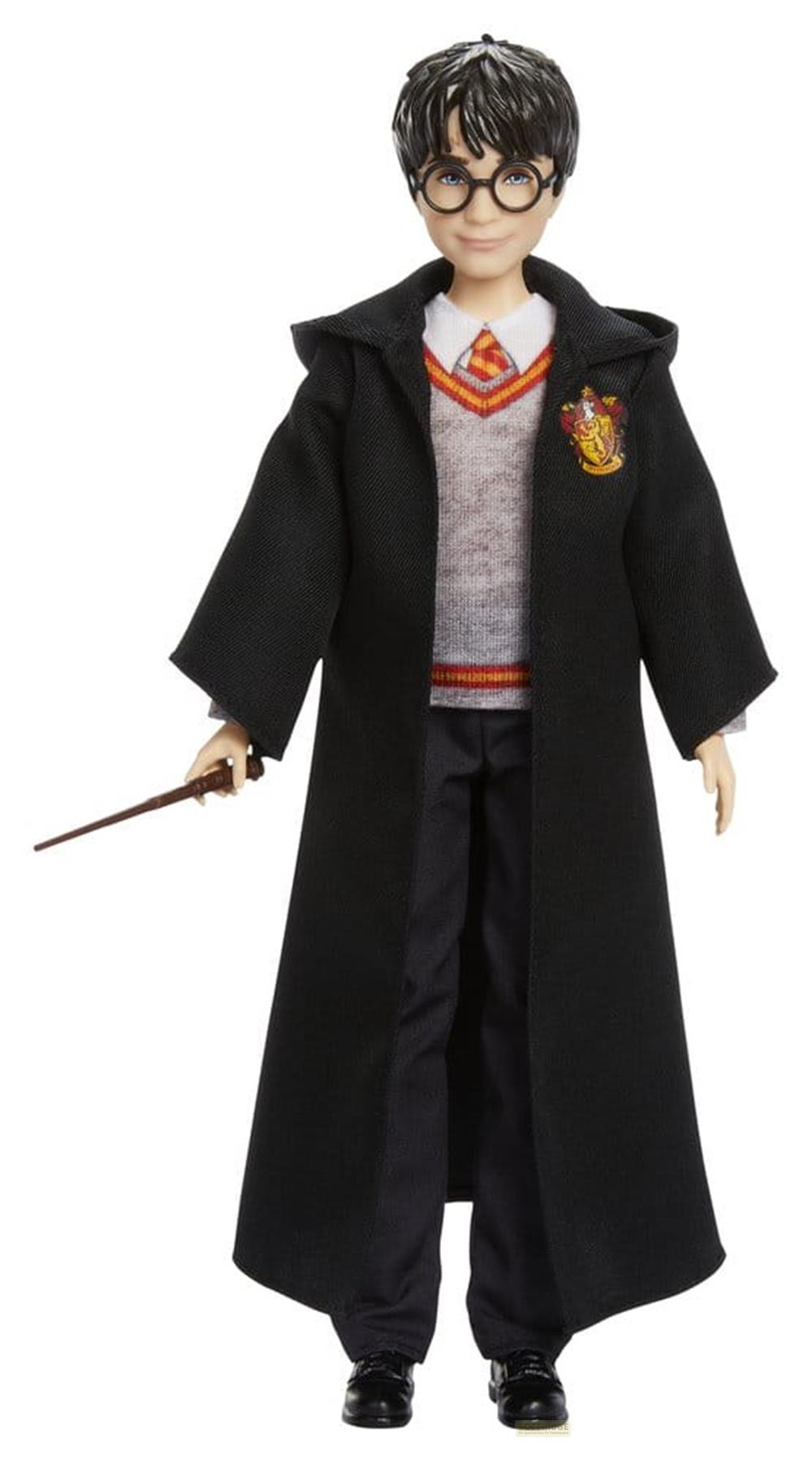 Poupée Harry Potter avec lunettes, robe et baguette.