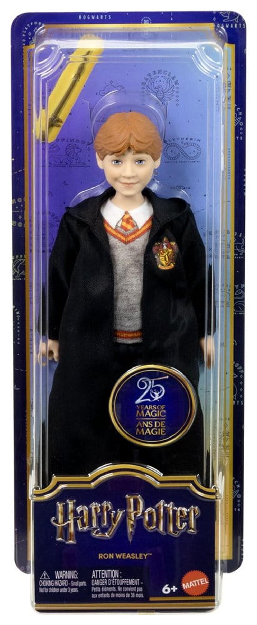 Harry Potter Ron Weasley Puppe in Verpackung mit Hogwarts-Logo und Zauberstab.