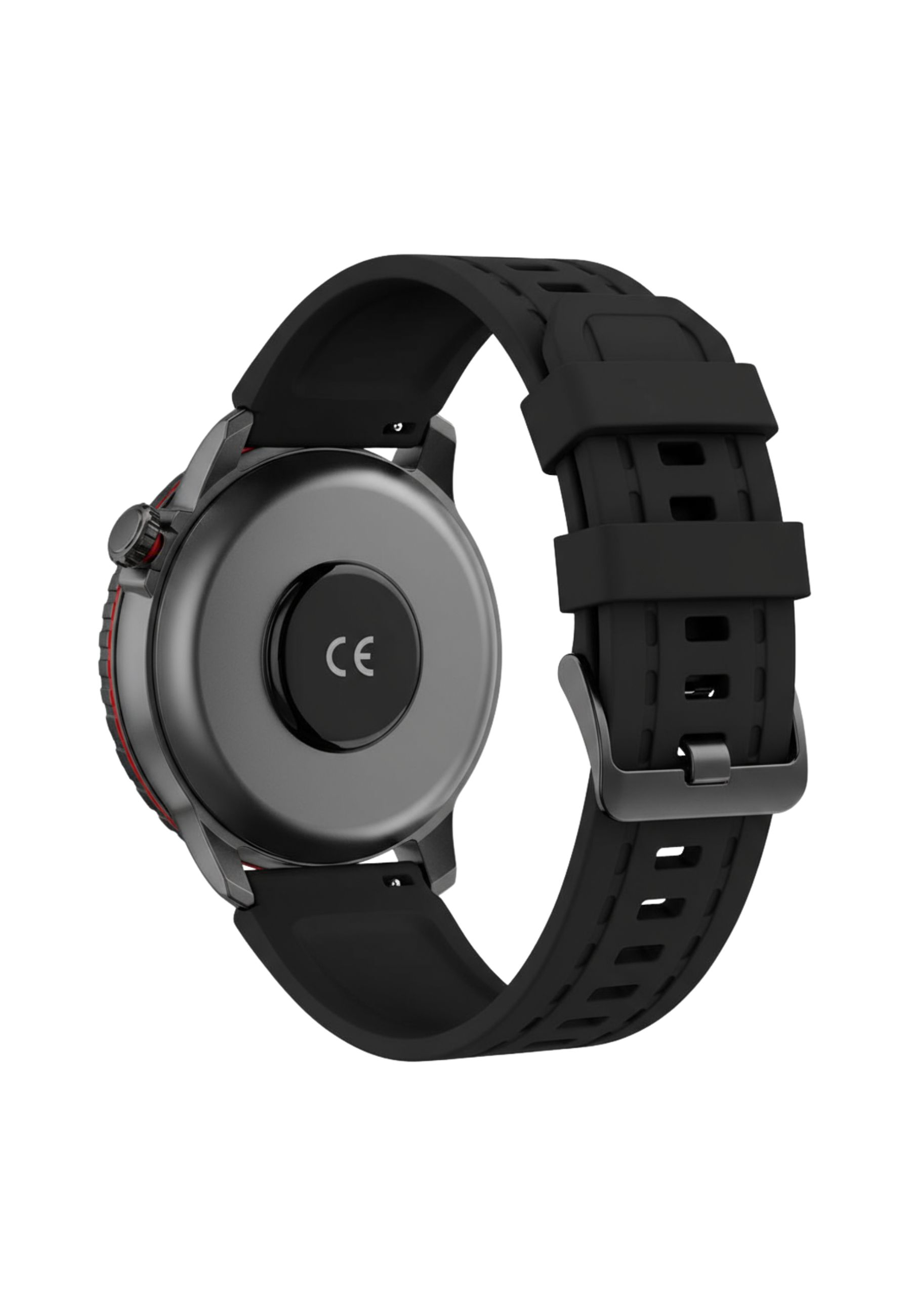Rückseite einer schwarzen Smartwatch mit CE-Zeichen und Metallelementen.