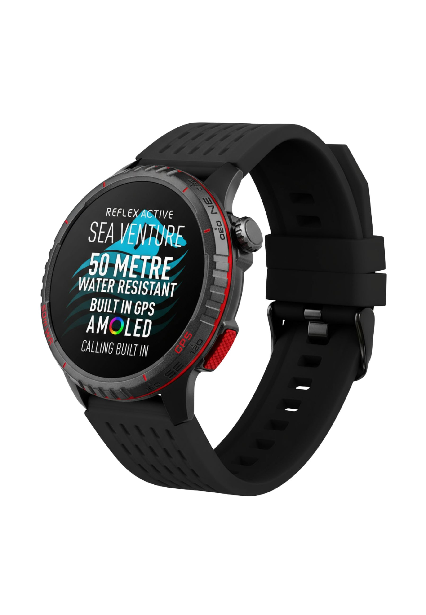 Schwarze Smartwatch mit rotem Akzent und AMOLED-Display, Wasserdicht.