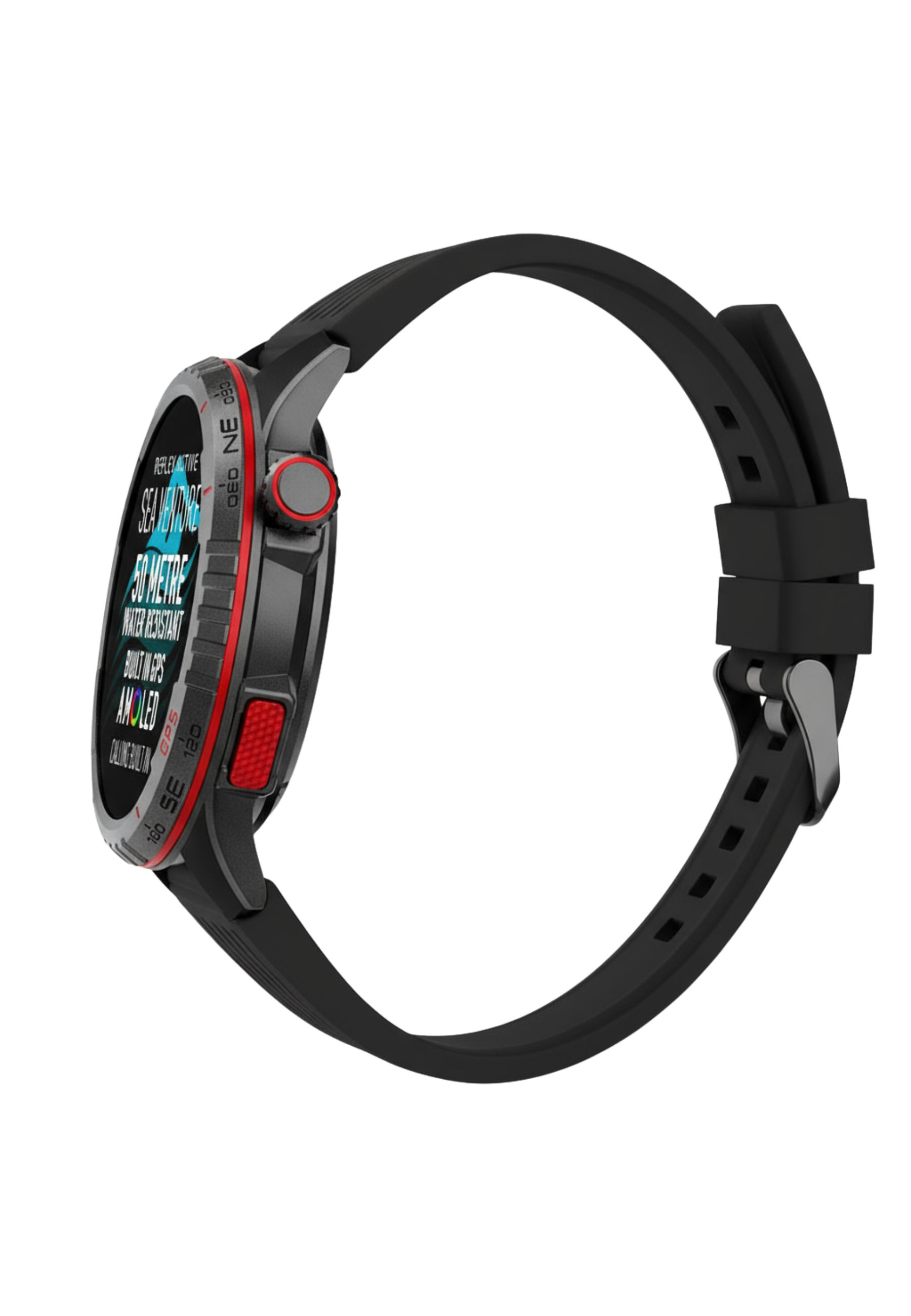 Schwarze Smartwatch mit rotem Akzent und schwarzem Armband, AMOLED-Display.