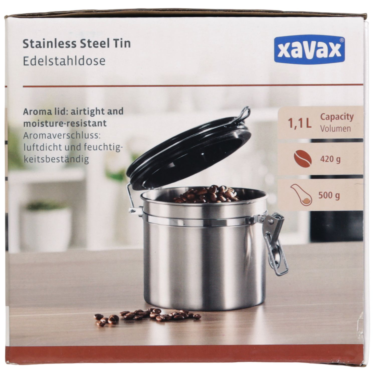 Edelstahlbehälter mit Kaffeebohnen gefüllt, 1,1L Kapazität.