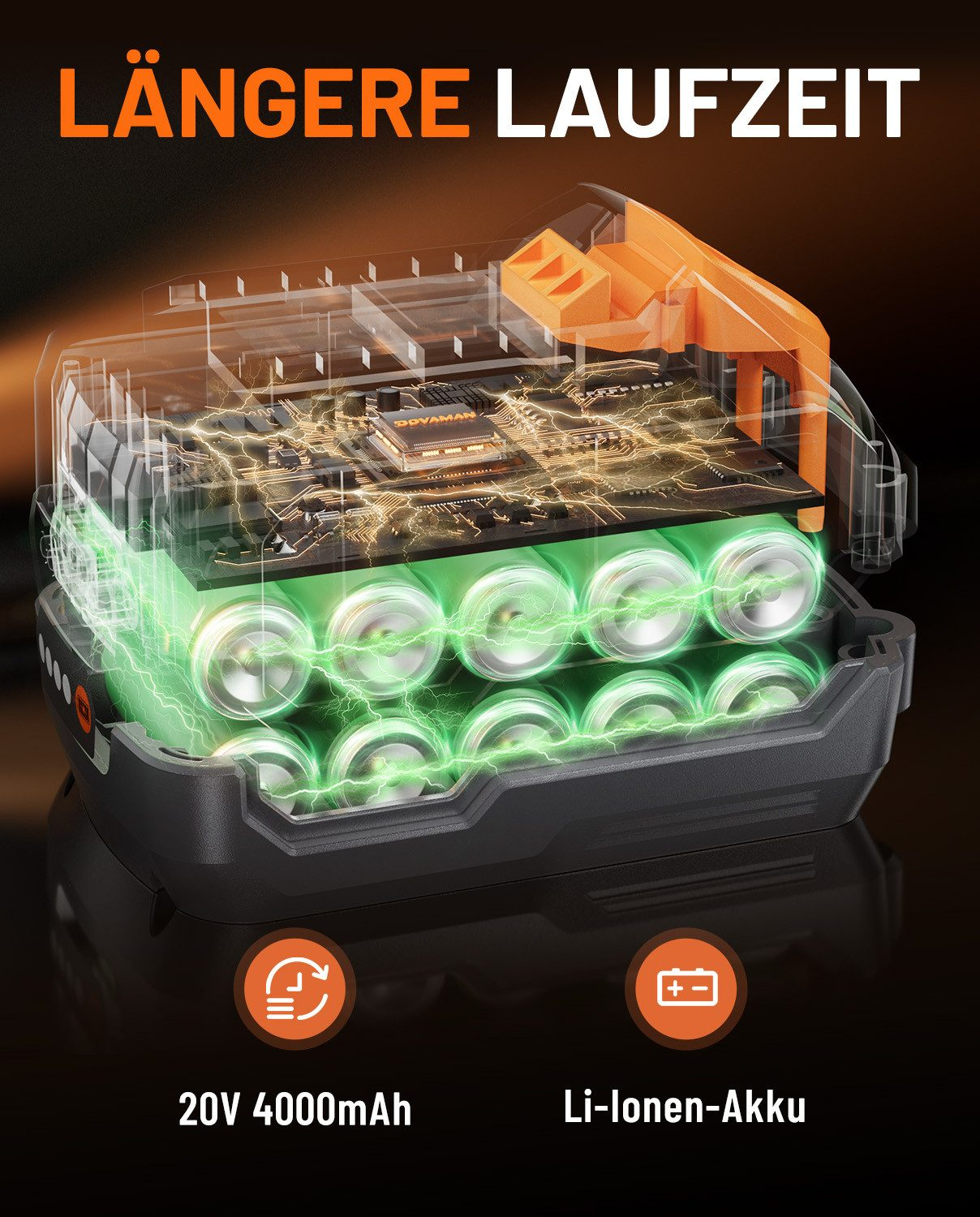 Ein 20V 4000mAh Li-Ionen-Akku mit sichtbaren Batteriezellen und Schaltkreisen.