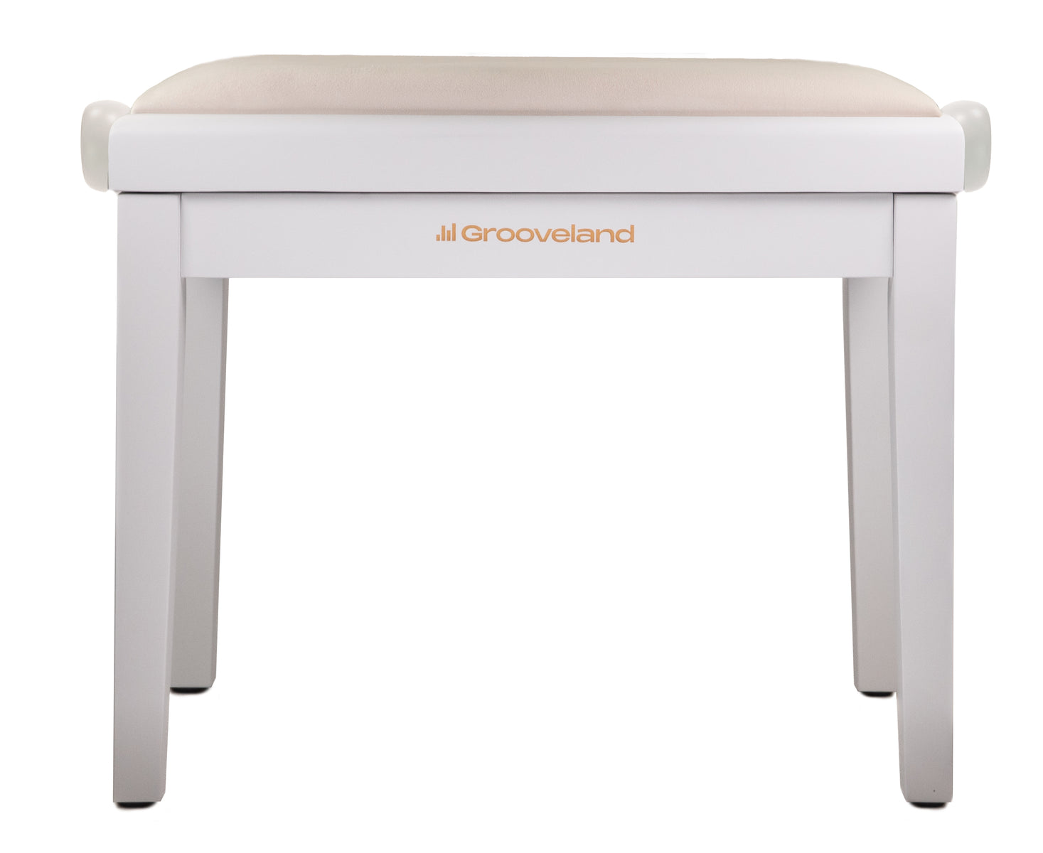 Ein weißer Klavierhocker mit gepolsterter Sitzfläche und dem Logo 'Grooveeland'.