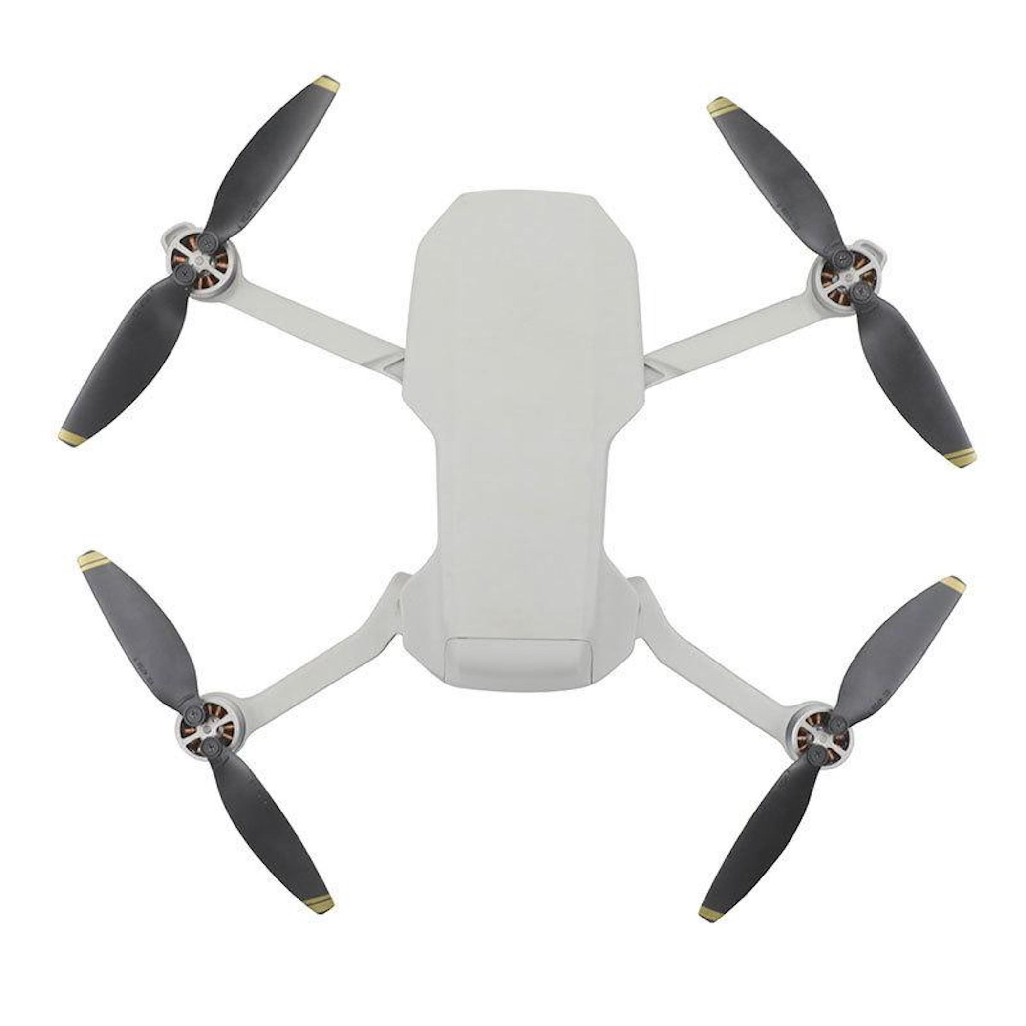 Un corpo di drone bianco con quattro eliche nere con punte dorate.